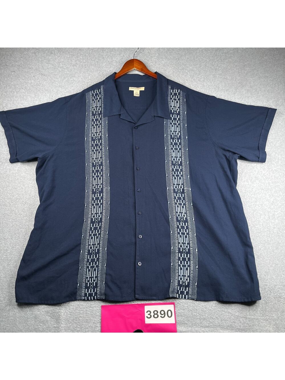 Island Passport Shirt Navy Blue Embroidered Button Up Short Sleeve Mens 5XL